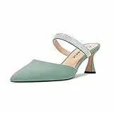 Castamere Damen Mittlerem Absatz Heel Spitze Zehenkappe Slip-on Pumps Diamant Kristall Pantoletten Schuhe Hochzeit Abschlussball 6.5 cm Heels Hellgrün 42 EU
