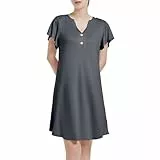 Xuepelit Nachthemd Damen Kurzarm Sommer Schlafshirt Damen Kurz mit Knopfleiste Baumwolle Sexy Stillnachthemd Pyjama Still, Grey M