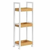 SONGMICS Rollwagen, Badregal, Badezimmerregal mit 3 Ebenen, Nischenregal Bambus, Regal schmal, Nischenwagen auf Rollen, platzsparend, 20 x 30 x 80 cm, weiß-naturfarben BCB083N02