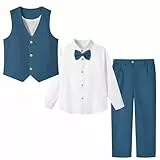 LOLANTA 4STK Pagen Jungen Anzug Leinen Weste Hose Hochzeitsanzug, Kinderweste Set, Taufe Zeremonie Prom Geburtstag Partykleidung, Blau, 11-12 Jahre, 160