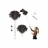 Staubwedel Straußenfedern, Staubwedel Teleskop Waschbar, Ausziehbar bis 125cm für Decken & empfindliche Oberflächen, kratzfreies Entstauben, Bambusgriff,Mit austauschbarem Federkopf, Haken, Rissbürste