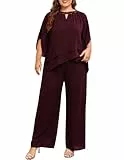 Hanna Nikole Hosenanzug Damen Große Größen Komfortabel Gefüttert Festlich Hosenanzug Sommer Elegant Hohe Taille Vintage 2-Teiliges Set Cocktail Party Hochzeit Lange Hose Weinrot 46