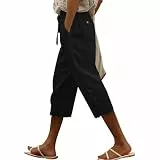 KOG 3/4 Hose Damen Leinenhose Musselin Sommerhosen Baumwolle Leinen Cargohosen Leicht Frau Jogginghosen Einfarbig Elegant Relaxhose Loungehose Wanderhosen Slim Fit Boho Hose Schwarz L