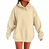 Hoodie Damen Oversize Langarm Sweatshirt Freizeit Sport Langarmshirt Fleece Gefütterte Hoodies Einfarbig Basic Kapuzenpullover Casual Drawstring Tops mit Taschen Khaki M