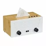 Relaxdays Kosmetiktücherbox, Taschentuchbox im Radio-Design, für Kosmetik- & Taschentücher, Tuchbox, Bambus, weiß/natur