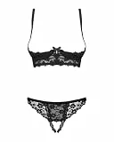 Obsessive. Frauen Dessous Spitzen Reizwäsche Set aus Unterbrust BH mit gepolsterten Cups und ouvert String in Schwarz teiltransparent Schleifen Schwarz teiltransparent Größe: S/M
