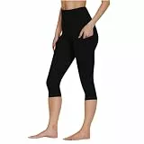 Awrvia 3/4 Leggings Damen Caprihose High Waist Sommerhose Leicht Blickdicht Baumwolle Sporthose Elastisch Yogahose Einfarbig Jogginghose mit Taschen Freizeithose für Gym Outdoor Yoga