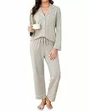 Reliwel Schlafanzug Damen Baumwolle mit Knopfleiste Pyjama Set Lang V-Ausschnitt Pyjamas Zweiteiliger Lang Loungewear Hausanzug PJs Bequemer Oberteil und Pyjamahose