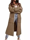 Imily Bela Strickjacke Damen Lang mit Taschen Elegante Leichtes Cardigan Locker Lässig Pullover Open Front Herbst Winter(Brown,L)