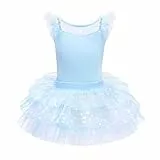 IWEMEK Mädchen Ballettkleidung Rüschenärmel Rückenfrei Schleife Balletttrikot Ballettanzug Tanzbody mit Tutu Rock Trainingsoutfit Ballerina Kleid Gymnastik Kinder Tanzkleidung Blau 9-10 Jahre