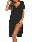 Ekouaer Nachthemd Damen Kurzarm Schlafshirt Sommer Sleepshirt Kurz Nachtwäsche Knopfleiste Schwarz M