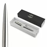 Parker Jotter Kugelschreiber | Edelstahl mit Goldzierteile | Mittlere Spitze | Blaue Tinte | Schulsachen und bürobedarf | Geschenkbox