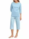 CALIDA Lovely Nights 3/4-Pyjama, Schlafanzug Damen, 100% Baumwolle, hautfreundlich, weich, pflegeleicht Cascade Blue 40-42