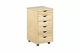 Inter Link – Rollcontainer – Rollcontainer mit 6 Schubladen – Bürocontainer - Rollschrank – Rollwagen – Schubladenkommode - Massiv Kieferholz – Natur Lackiert – BxTxH: 35x39x66 cm – Nils