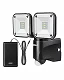 EDISHINE Batterie LED Strahler mit Bewegungsmelder Außen, Kabelloser Batteriebetriebener Außenstrahler, Verstellbare Doppelte Lampenköpfe, IP44 Wasserdicht, 800 Lumen, 6000K für Garage, Hof