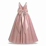 FYMNSI Brautjungfernkleider für Mädchen, V-Ausschnitt, Rücken, Schleife, Tüll, Maxi, langes Kleid, Kinder, formelles Abendkleid, Ballkleid, Erstkommunionskleid, rosa - dusty pink, 11-12 Jahre