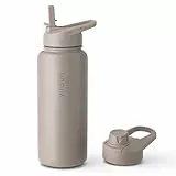 Vinsun Trinkflasche Edelstahl taupe 1L - auslaufsicher, Kohlensäure geeignet, BPA frei - Strohhalm, Trinköffnung - Thermosflasche Sport, Outdoor
