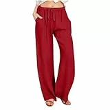 KOG Outlet Amazon Damen Hose Leinenhose Mode Sommerhose Baumwolle Leicht Cargohose Frauen Jogging Hose Einfarbig Bequeme Sport Hose Weisse Arbeitshose Weite Schlaghosen Gutscheine Rot M