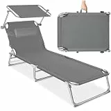 tectake® Sonnenliege mit Dach, Strandliege klappbar, leichte Gartenliege, Outdoor Liegestuhl mit Verstellbarer Rückenlehne, inkl. Kopfkissen - ideal für Balkon, Terrasse, Camping, Strand - grau