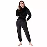 CityComfort Jumpsuit Damen Kuschelig Fleece Einteiler Schlafanzug Onesie Damen S-XL (Schwarz, L)