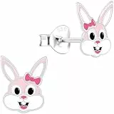 miimago Hasen Kinderohrringe Silber 925 Mädchen Ohrstecker - Häschen Ohrringe für Kinder - 8 mm rosa weiß