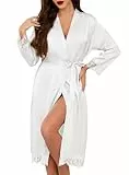 Lovasy Satin Bademantel Damen Lang Kimono Japanisch Morgenmantel für Damen Manschetten aus Spitze Braut Bademantel Hochzeit Party mit Gürtel,Weiß,L