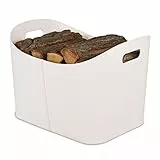 Relaxdays Holzkorb Kunstleder XL, stabiler Feuerholzkorb mit Tragegriffen, Brenn- und Kaminholz, Allzweckkorb, cremeweiß