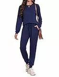 Irevial Damen Sportanzug Set Jogginganzug Zweiteiler Trainingsanzug Langarm Baumwolle 2 Teilig Freizeitanzug Sportswear Freizeitkleidung Sportswear für Running Yoga Gym Blau S