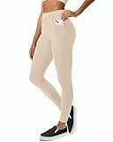 Havideto Leggings Baumwolle Damen mit Taschen, High Waist Blickdichte Leggings für Damen Stretch Bequeme Hautfarbe(beige) M/L