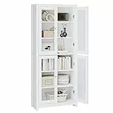 FOREHILL 190 cm Vitrinenschrank, Bücherschrank mit 4 Türen 6 Fächern, Hochschrank, Schrank für Wohnzimmer Küche Esszimmer Büro, weiß