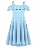 Arshiner Kleider Mädchen Sommerkleid Blau Partykleid Schulterfreies Kinderkleid Teenager Festlichkleid Rüschen Einschulungskleid Casual Kleid Mit Tasche 150/11-12 Jahre