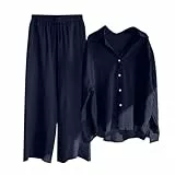 Damen Zweiteiler Elegant Musselin Bluse Hemd und Lang Leinen Hose Sets Clothes Aesthetic Zweiteiler Lounge Set Strand Outfit Sommer Set Two Piece Set Freizeit Loose Women Große Größe Hosenanzüge