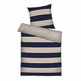 TOM TAILOR Renforcé-Bettwäsche, 80x80 cm + 155x220 cm, 100% Baumwolle/ Renforcé, mit Wendemotiv und farbigem Markenreißverschluss, BOLD STRIPES Blau, Beige (Dark Navy & Sunny Sand)