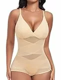 Niwicee Shapewear Damen Bauchweg Bodysuit Figurenformend Formende Bodys Nahtlos Body Shaper Verstellbarer Schultergurt Tummy Control Unterwäsche Taillenformer Jumpsuit(Beige-L)