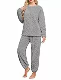 UMIPUBO Damen Schlafanzug Lang Pyjama Set Winter Flauschigem Loungewear Hausanzug Frauen Thermo Fleece Zweiteiliger Warm Nachtwäsche Lose Oberteile Hosen Freizeitanzug Mit Tasche S-XXL (Grau, M)
