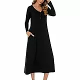 JCQIGOA Nachthemd Damen Lang mit Knopfleiste Sexy Nachtwäsche Stillnachthemd Langarm Baumwolle Oversize Schlafshirt Unterkleid Große Größe Für Frauen Pyjamas Kleid，Schwarz XXL