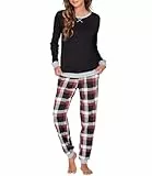 UNibelle Schlafanzug Damen Pyjama Lang Kariert Baumwolle Nachtwäsche Winter Pyjama Set Star Zweiteiliger mit Rundhals Elastischer Bund Taschen Sleepwear für Frühling Herbst Schwarz XXL