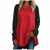 Damen Langarm Shirt Patchwork Casual Top Rundhalsausschnitt Casual Basic Shirt Top Rot XL