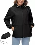 IECCP Damen Wasserdichte Regenjacke mit Kapuze Leicht Atmungsaktive Windbreaker Jacke Schwarz M