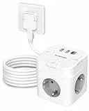 6 in 1 Steckdosenwürfel mit USB C, 3 Fach Cube Steckdose Steckerleiste Flachstecker mit Einzeln Schaltbar, Mehrfachstecker Würfel mit 4M Kabel für Büro Hause Reisen (Weiß)