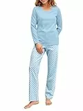 CALIDA Lovely Nights Pyjama, Schlafanzug, lang Damen, 100% Baumwolle, hautfreundlich, weich, pflegeleicht Cascade Blue 44-46
