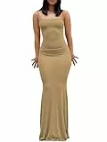 OZYILIAN Damen Cami Bodycon Kleid Casual Basic Kleid Spaghetti Strap Maxikleid(Khaki-1, L)