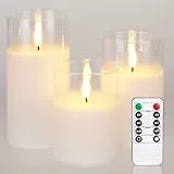 Homemory Weiß Glas Flammenlose Kerzen, Batteriebetriebene LED Stumpenkerzen mit Fernbedienung und Timer, Elektrische Kerzen, Echtes Wachs, 3er-Set