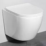 AM.PM Like AquaSpin Wand WC spülrandlos | Hänge WC mit Toilettendeckel mit Absenkautomatik | Duroplast Klo Sitz | Spülrandloses Hänge WC Set | Kompatibel mit Vorwandelement & Gäste WC | Weiß 48,5 cm