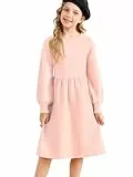 Belovecol Mädchen Pulloverkleid Strick Rundhals Lange Laternenärmel Einfarbig Rosa Kleid Herbst Winter Strickkleid 8-9 Jahre