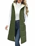 Vancavoo Weste Damen Lang mit Kapuze Herbst Winter Steppweste Ärmellose Jacke Daunenweste Gefüttert Fleeceweste Warme Longweste Kapuzenweste Freizeit Übergangsweste,Militärgrün,L