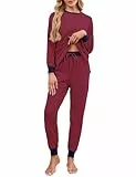 Namatime Schlafanzug Damen Lang Baumwolle Pyjama Winter Rundhals Nachtwäsche Langarmshirts und Pyjamahose Marineblau+ Rot XXL
