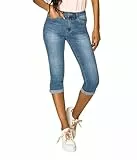 Nina Carter P132 Damen Capri Skinny Fit Jeanshosen HIGH Waist Jeans Used-Look Waschungseffekt, Blau (P132-5), S
