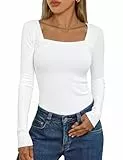 Aottori Dünne Pullover Damen Langarmshirt mit Eckigem Ausschnitt Gerippt Elegant Stretch Oberteile Slim Fit T-Shirt RIPP Einfarbig Basic Top Weiß M