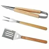 3-teilig Grillbesteck Set mit Holzgriffen, Edelstahl Grillset Grillzubehör Robustes mit Grillzange Grillwender Fleischgabel, Bestecksets BBQ Grillwerkzeug für Männer und Frauen Camping Garten Grill